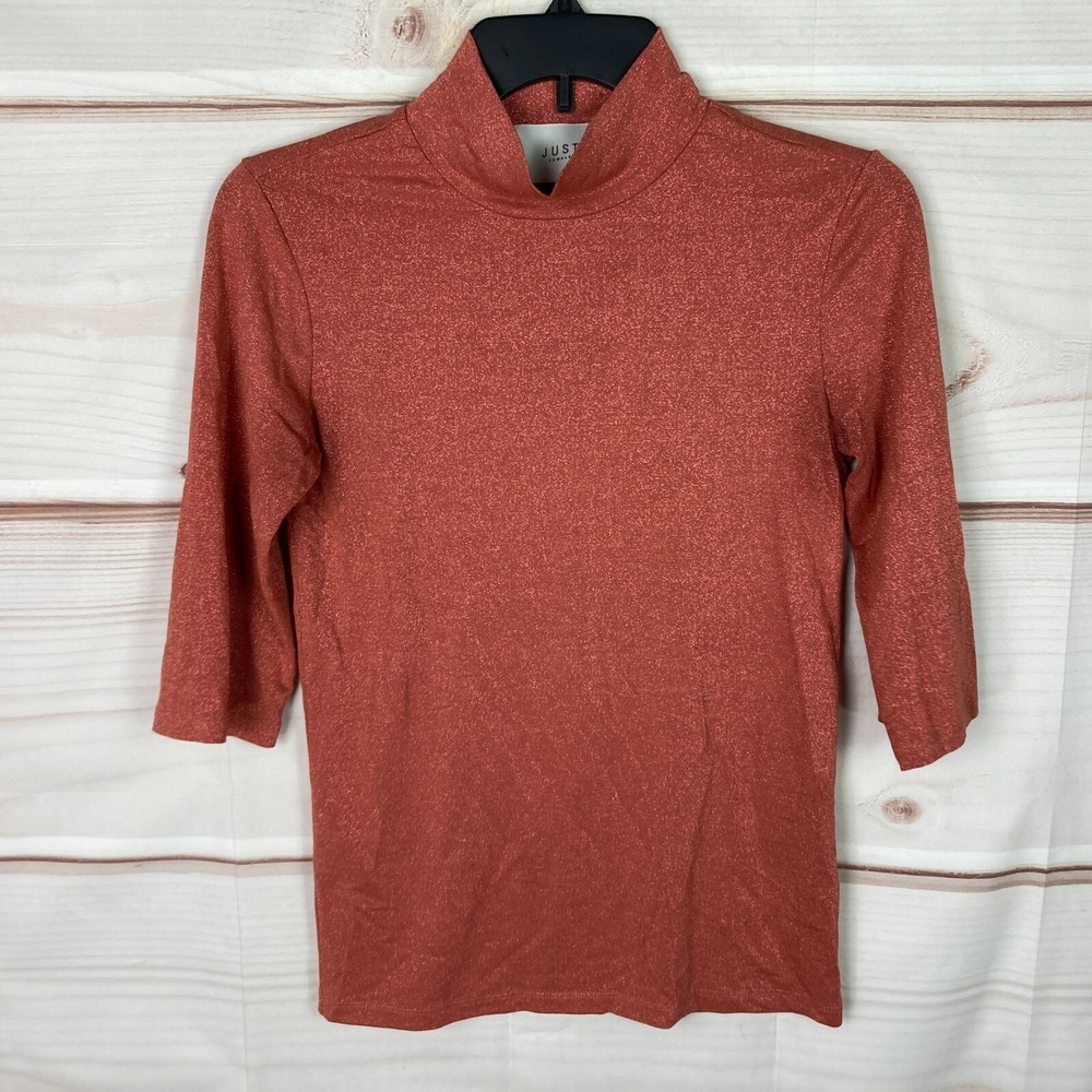 Just Female Top Womens XS Orange Metallic Blouse Mock Neck Glitter Elbow Sleeve